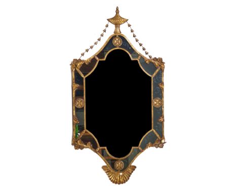 AN EARLY 20TH CENTURY GILT METAL FRAMED NEOCLASSICAL MARGINAL WALL MIRRORWith urn crest, 99cm wide; 185cm high