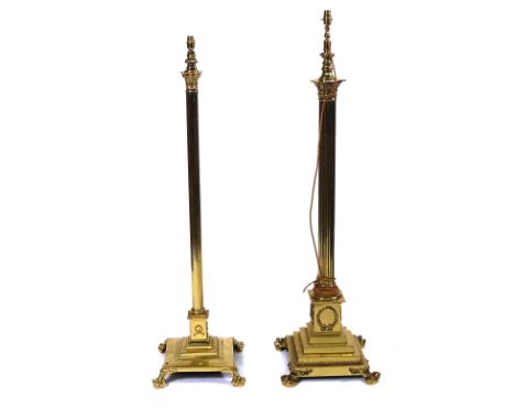 A LACQUERED BRASS HEIGHT ADJUSTABLE CORINTHIAN COLUMN STANDARD LAMP AND ANOTHER SIMILAR (2)20th CenturyThe largest 141cm at l