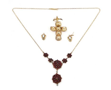 A MASONIC PENDANT, A BOHEMIAN GARNET NECKLACE AND A PAIR OF OPAL EARRINGS (3)The spherical Masonic pendant opening to reveal 