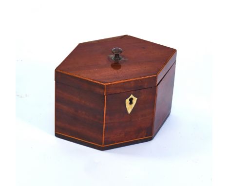 A GEORGE III INLAID MAHOGANY SINGLE TEA CADDY OF COMPRESSED HEXAGONAL FORM16cm wide; 12cm high, together with a 19th century 