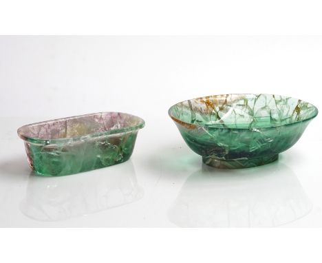 TWO FLUORITE  CRYSTAL ORNAMENTAL DISHES (2)One oval, 20.5cm wide; the other oblong, 17cm wideCondition report:&nbsp;Good over