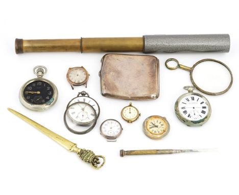 A GROUP OF WATCHES AND FIVE FURTHER ITEMS (12)Comprising; an Elgin USA base metal cased, keyless wind, openfaced pocket watch