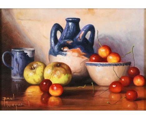 PAUL MORGAN (BRITISH, B. 1940)Still life of apples and cherriessigned 'Paul Morgan' (lower left) and bears Forest Gallery Fin