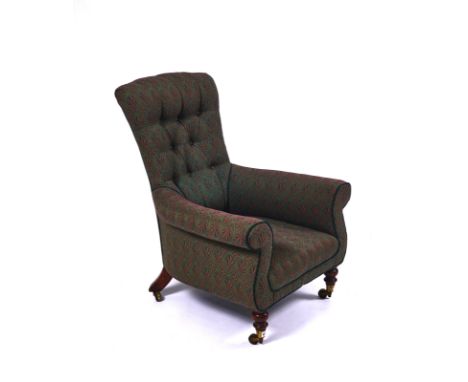 A 19TH CENTURY BUTTON BACK EASY ARMCHAIROn turned faux rosewood supports, 75cm wide; 96cm high
