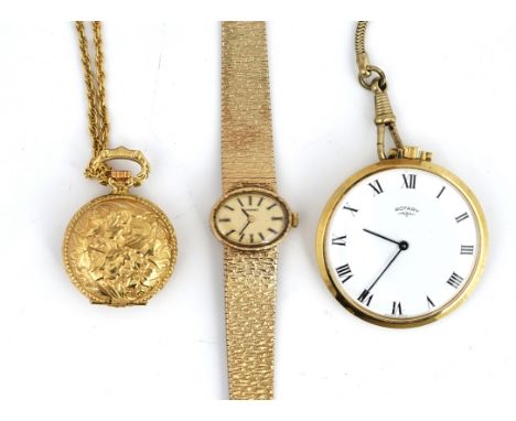 A LONGINES 9CT GOLD LADY'S BRACELET WATCH AND FOUR FURTHER ITEMS (5)The signed oval dial with black baton numerals, on a text