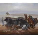 Sung H. Jee (20th Century), oil on canvas, A desert encampment with camels, signed and dated to