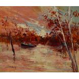 20th Century Continental School, oil painting, An oriental landscape featuring a boat on a lake in