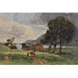 George Gray (19th/20th Century), watercolour, A farm stead with lake beyond, signed to the lower
