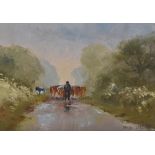 Mary Wastie (b.1935, British), Cornish School, oil on canvas, Cattle being led down a tree lined