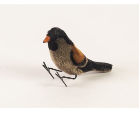 PROBABLY GERMAN MID TWENTIETH CENTURY CLOCKWORK PECKING BIRD TOY, tinplate and plush fabric in the colours of a Finch, black 