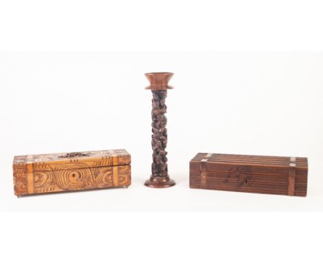 EARLY TWENTIETH CENTURY CARVED WOOD BOX, modelled as a travel trunk with leather straps, the interior lined in red plush,. 11