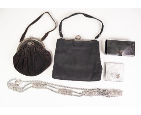 TWO FABRIC AND MARCASITE WHITE METAL MOUNTED LADY'S EVENING BAGS, also a chromium and black plastic LADY'S COMPACT, a white m