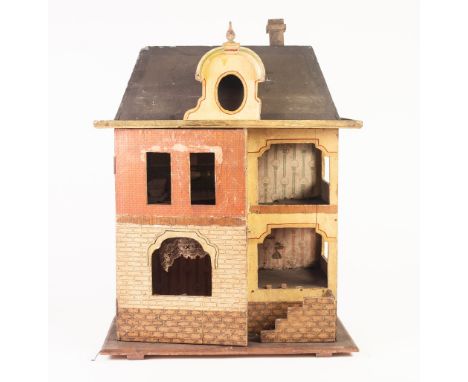 SMALL EARLY TWENTIETH CENTURY CONTINENTAL POSSIBLY FRENCH SMALL DOLLS HOUSE, painted wood with applied paper brick detail, si