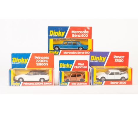 THREE DINKY-DIE CAST TOYS VIRTUALLY MINT AND BOXED SALOON CARS, viz 1243 Princess 2200 HL Saloon, 128 Mercedes Benz 600, 180 