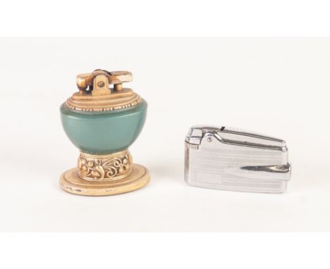 RONSON 'LEONA' OVAL PEDESTAL FORM TABLE LIGHTER, gilt with green enamel body, 2 3/4" (7cm) high and a RONSON 'VARIFLAME' POCK