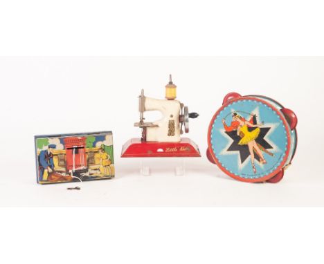 TINPLATE PICTORIAL DECORATED CHILD'S MONEY BOX 'Post Early', lid with swing handle and the key, 6" (15.3cm) wide, SIMILAR CHA