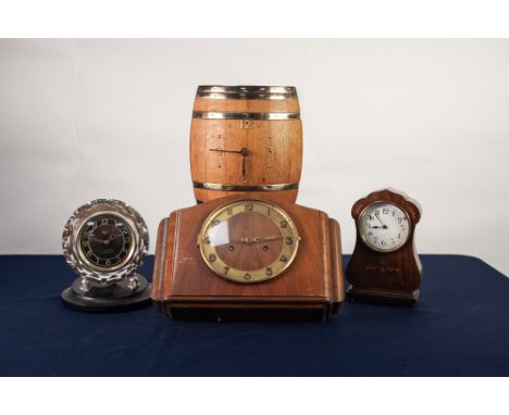 AN EDWARDIAN INLAID MAHOGANY CASED MANTEL CLOCK, and three other clocks various (4) 