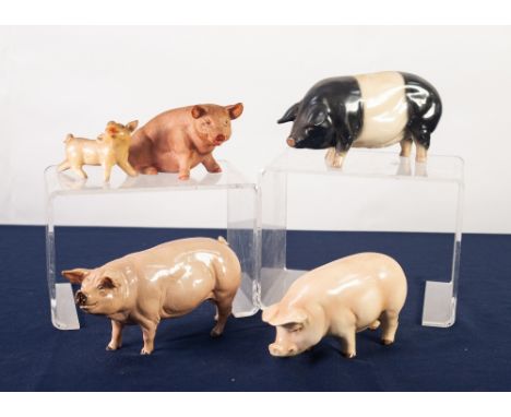 GOEBEL HUMMEL, GERMAN POTTERY MODEL OF A WHITE PIG, standing, 7" long; Goebel model of a PIGLET,  ITALIAN TINTED BISQUE SEATE