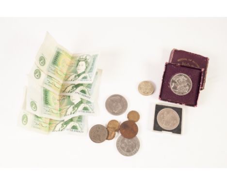 FESTIVAL OF BRITAIN, 1951 CROWN COIN  in case, with leaflet, TWO QUEEN ELIZABETH II CROWN COINS, other coins and  FOUR USED G