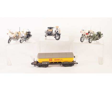 POLISTIL BOXED DIE CAST MODEL FO A BMW-R75 'ELEPHANT' MOTORCYCLE AND SIDE CAR, good, window box (a.f.) and  FOUR POLISTIL ITA