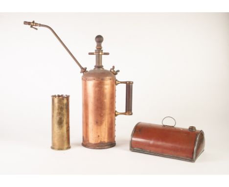 COPPER HOT WATER BOTTLE, lacks screw on cap, together with a LARGE COPPER PUMP ACTION GARDEN SPRAY, and a TRENCH ART ENGRAVED