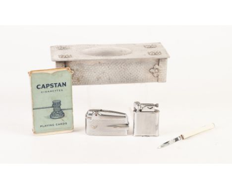 C.W.S. GOLD FLAKE ALUMINIUM CIGARETTE TIN, containing a POLO AND A RONSON POCKET CIGARETTE LIGHTERS, related  PLAYING CARDS, 