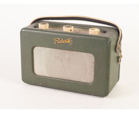 ROBERTS RADIO COMPANY MODEL R200 EARLY PORTABLE TRANSISTOR RADIO, green and cream fabric case, the top with tuner glass and t