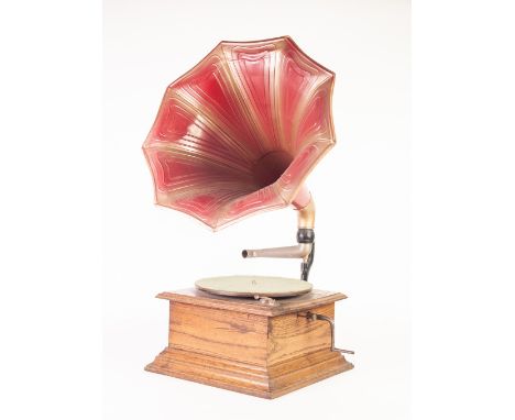 UNBRANDED SIMPLE OAK CASED TABLE TOP WIND UP GRAMOPHONE, with speed regulator screw and winding handle to the right hand side