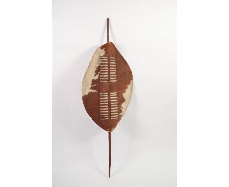 AFRICAN COW HIDE PIERCED AND LOZENGE SHAPE SHIELD with long stick handle