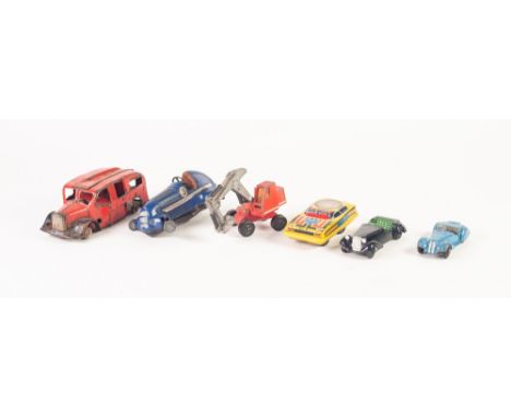 SCHUCO TINPLATE CLOCKWORK STUDIO 1050 RACING CAR, dark blue with working steering (lacks wheels), DITTO RED FIRE ENGINE (inco