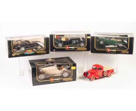 THREE BOXED BURAGO 1-18 SCALE MODELS OF VINTAGE SPORTS CARS, including Mercedes Benz 300 SL (1954) and  ANOTHER 1-20 SCALE of