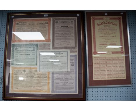 THREE GLAZED FRAMES CONTAINING BOND CERTIFICATES for 'The New Egyptian Company (S.A.E.); a Confederate States of America Loan