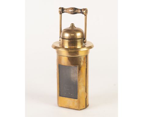 GOOD QUALITY EARLY TWENTIETH CENTURY CYLINDRICAL FORM BRASS OIL LAMP, stamped G &amp; S. on the fold down brass and ebonised 