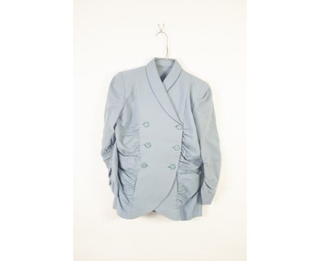 LADY'S 1945 PALE BLUE FINELY WOOLLEN FABRIC WEDDING 'GOING AWAY' TWO PIECE SUIT, the jacket with shawl collar,  double breast