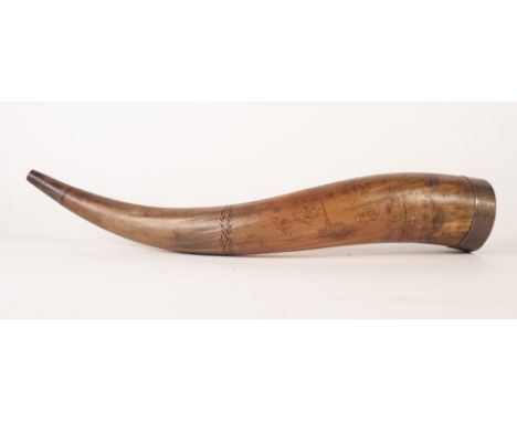 INTERESTING EARLY NINETEENTH CENTURY OXEN HORN, WITH INTRICATE INSCRIPTION AND DETAIL with flowering calligraphy and upper ca