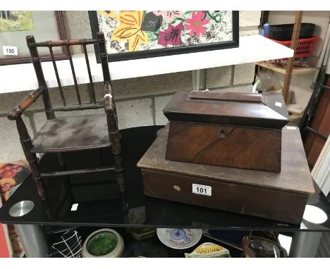 A doll's chair, tea caddy and bible box with illustrated bible (all A/F)