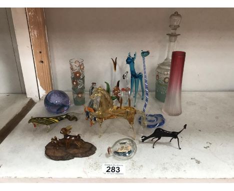 A 19th Century decanter, Caithness vase and glass animals