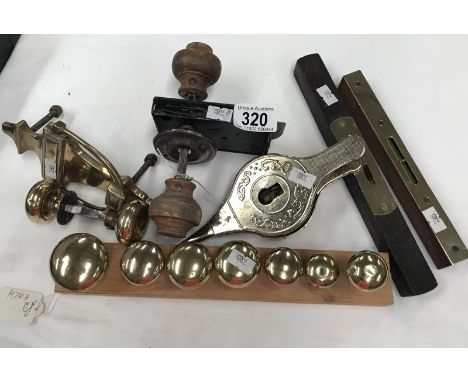 2 brass faced levels old brass door knobs, knocker lock and flint lighter