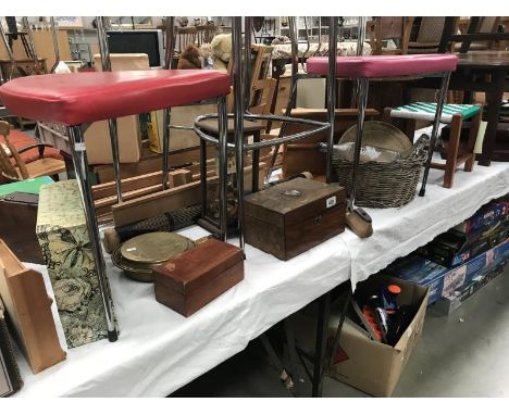 A mixed lot including artist's easel, small warming pan, wooden boxes, rain maker, glass bottles etc.