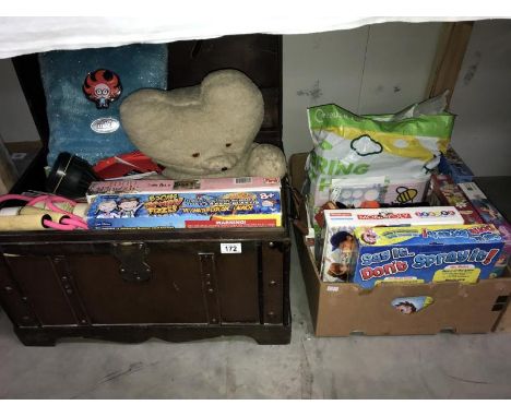 A trunk and box of assorted children's toys and games