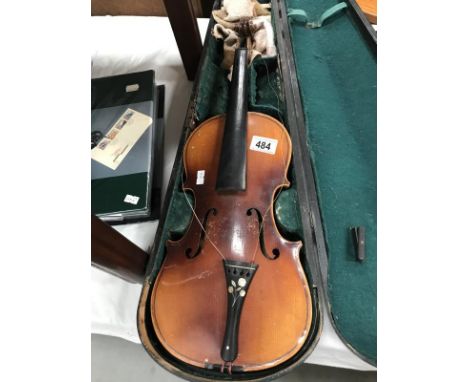 An old violin in wooden case (needs repair) made in Czechoslovakia mother of pearl