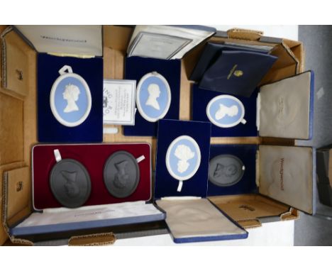 A collection of various Wedgwood jasper ware portrait plaques Royal commemorative etc, all boxed  (7)