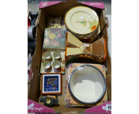 A collection of art deco style pottery items to include Royal Venton ware Gladys scarlet hand painted plates, Myatt and Sons 