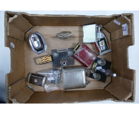 A collection of nice cigarette lighters and accessories to include Thorens automatic filler, Oak cased snuff box, art deco We