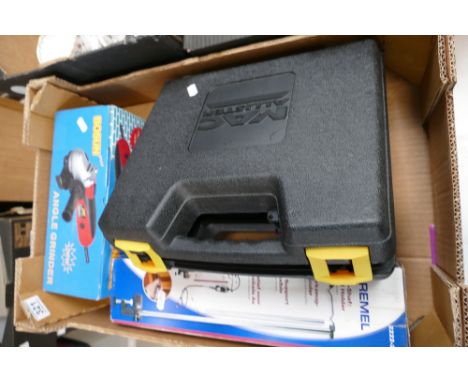 A mixed collection of items to include Dremel drill attachments, Mac Allister battery drill and boxed angle grinder (3)