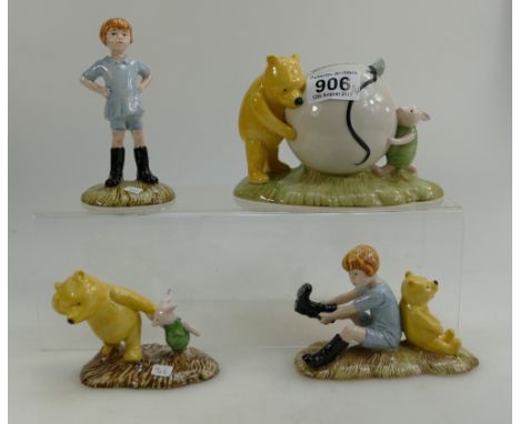 Royal Doulton Winnie the Pooh figures, Christopher Robin, The Windy Day, Pooh's Blue Balloon and Christopher Robin & Pooh - a