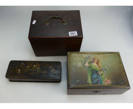 A collection of storage boxes to include Japanese lacquer box and oak cased tea caddy (3)