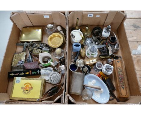 A large collection of interesting collectable metalware including old scissors, whistles, revolving desk calendar, enamel pul
