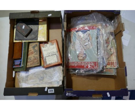 A mixed collection of items to include early needle point magazines, ordnance survey maps, a collection of hand drawn images,