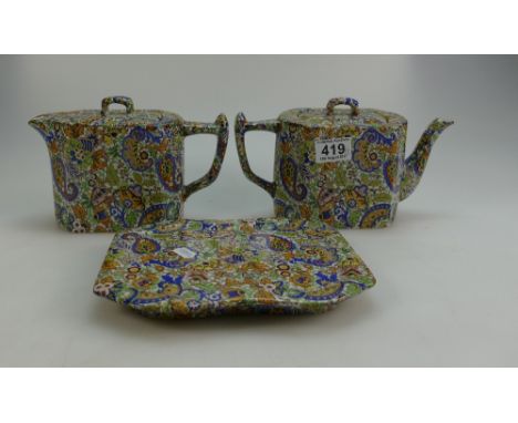 Wades Chintz patterned teapot and coffee pot together with matching tray  (3)